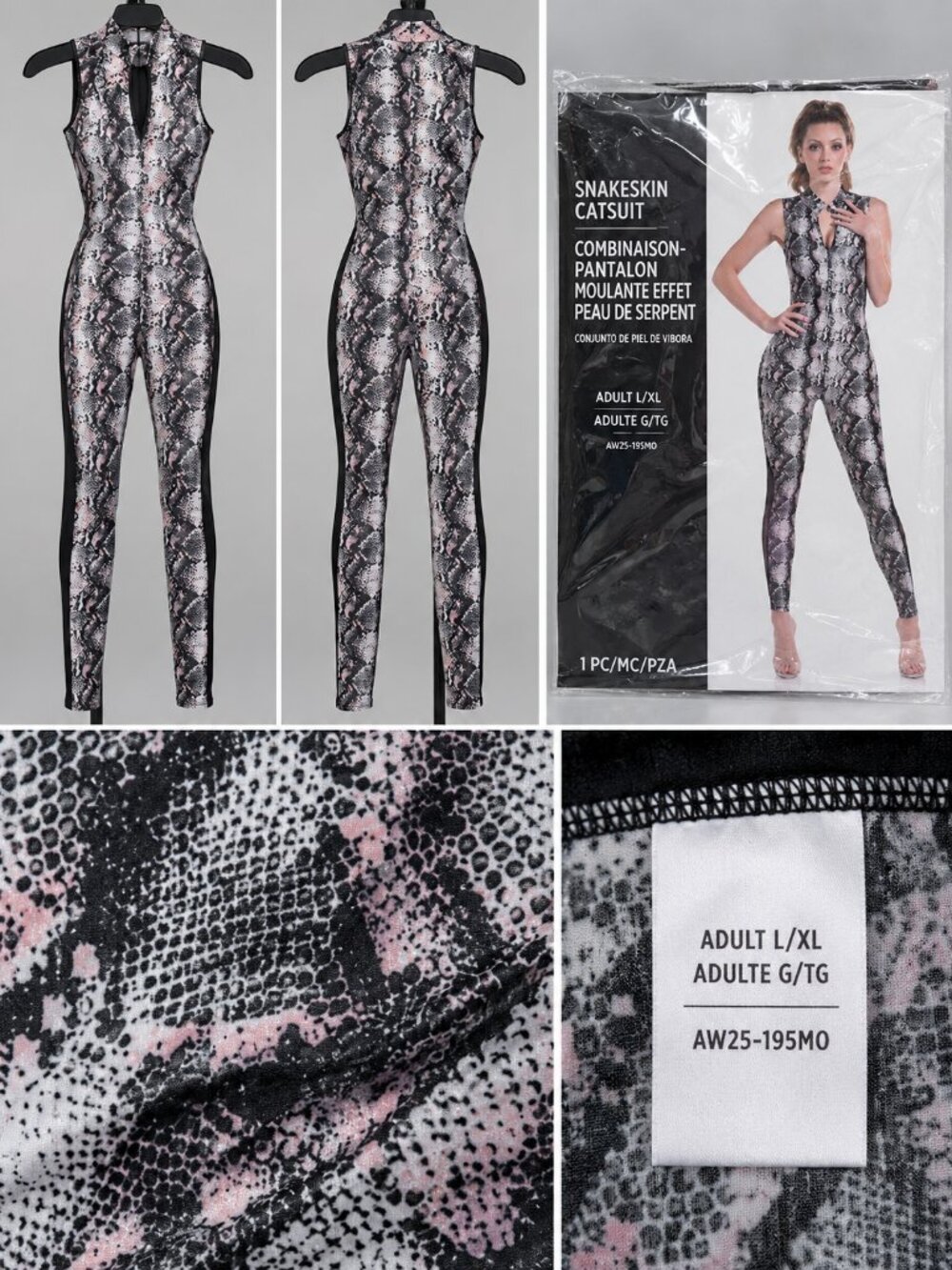 Snakeskin Catsuit Costume Adult L/XL Grey Black Python Print Zip Front